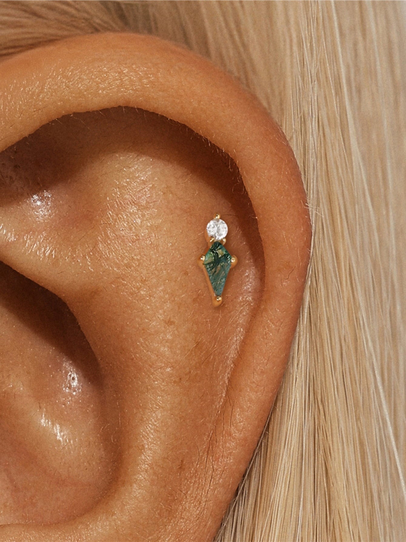 925 Natural Moss Agate Kite Drop Flat Back Stud