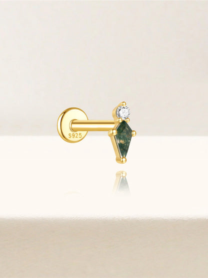 925 Natural Moss Agate Kite Drop Flat Back Stud