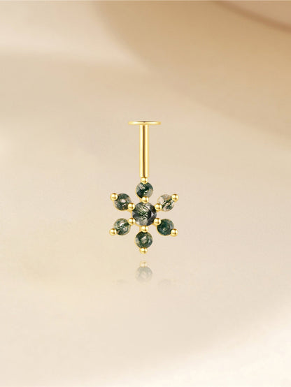 925 Natural Moss Agate Snowflake Vertical Helix Stud