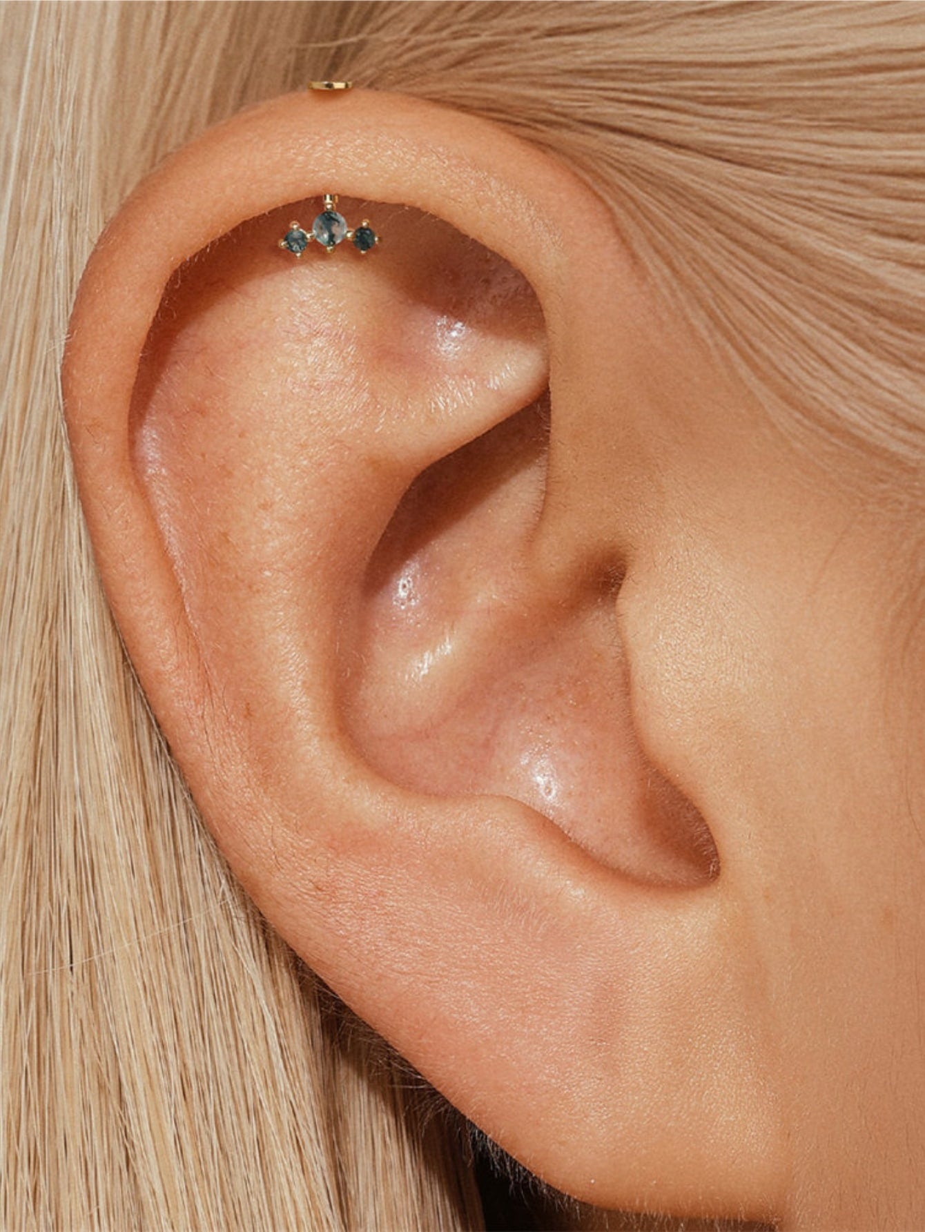 925 Natural Moss Agate Trio Vertical Helix Stud