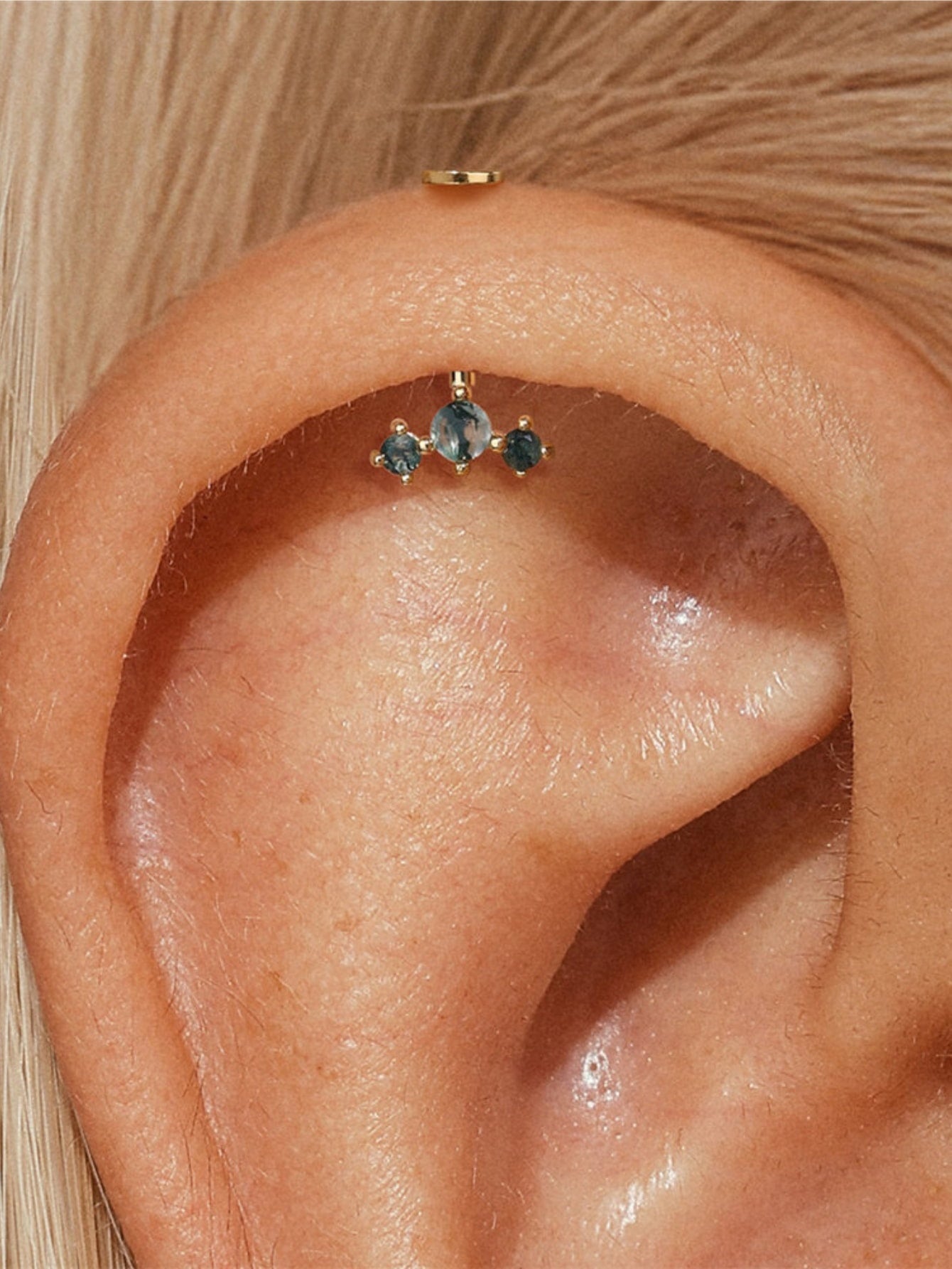 925 Natural Moss Agate Trio Vertical Helix Stud