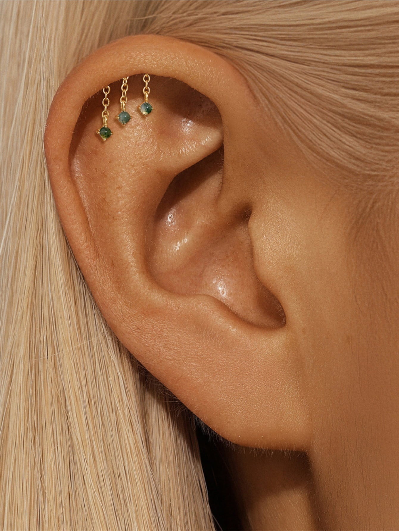 925 Natural Moss Agate Triple Chain Dangle Flatback Stud