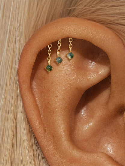 925 Natural Moss Agate Triple Chain Dangle Flatback Stud