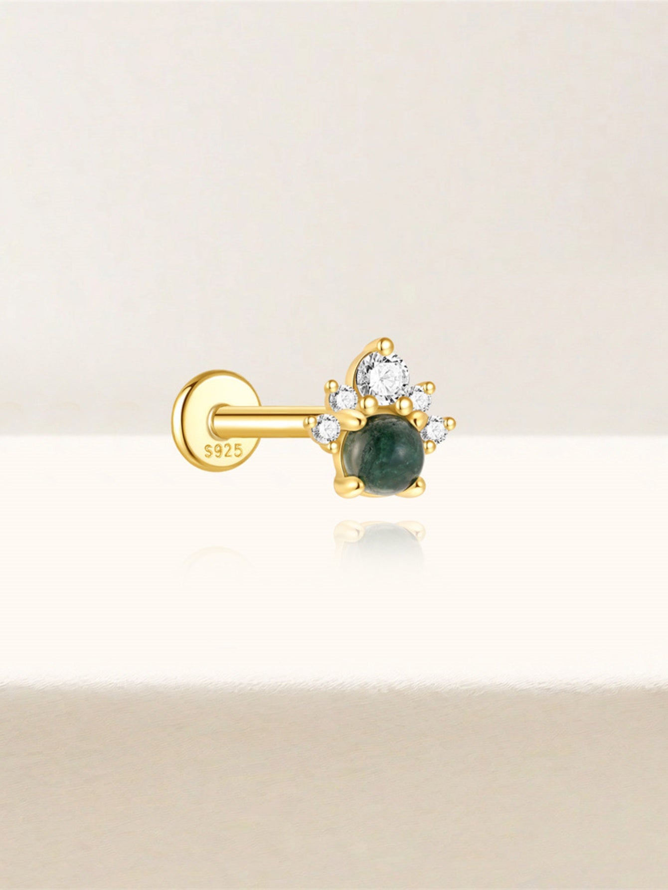 925 Natural Moss Agate & CZ Flower Flat Back Stud