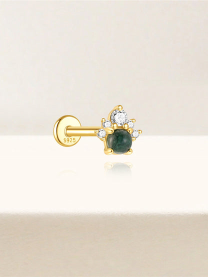 925 Natural Moss Agate & CZ Flower Flat Back Stud