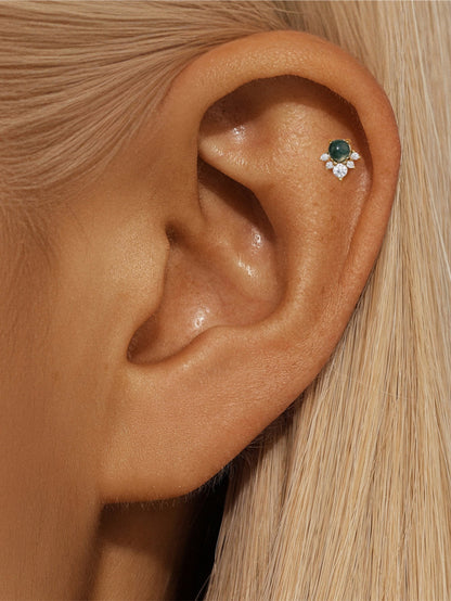 925 Natural Moss Agate & CZ Flower Flat Back Stud