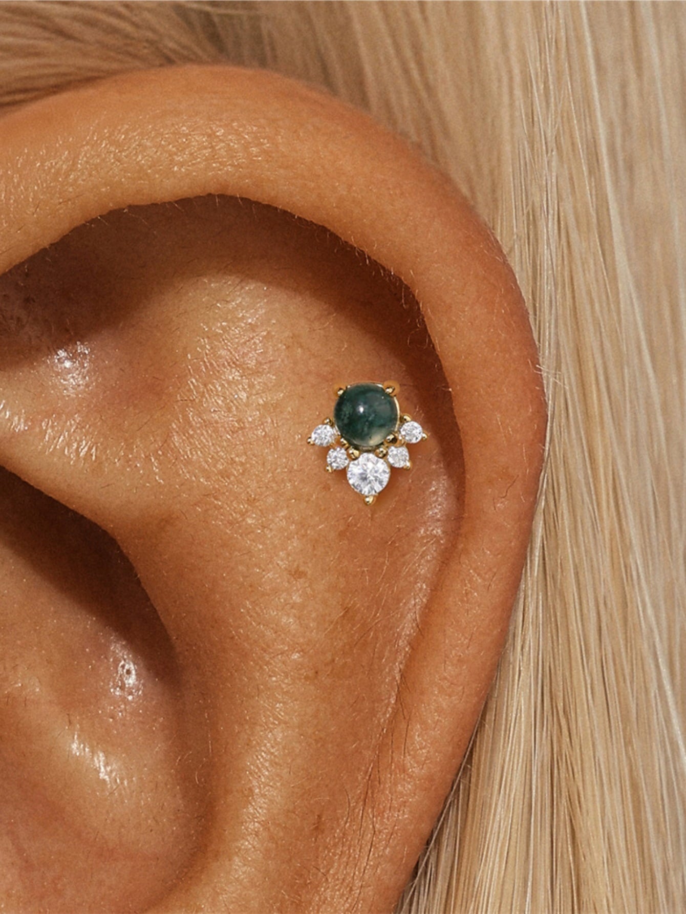 925 Natural Moss Agate & CZ Flower Flat Back Stud