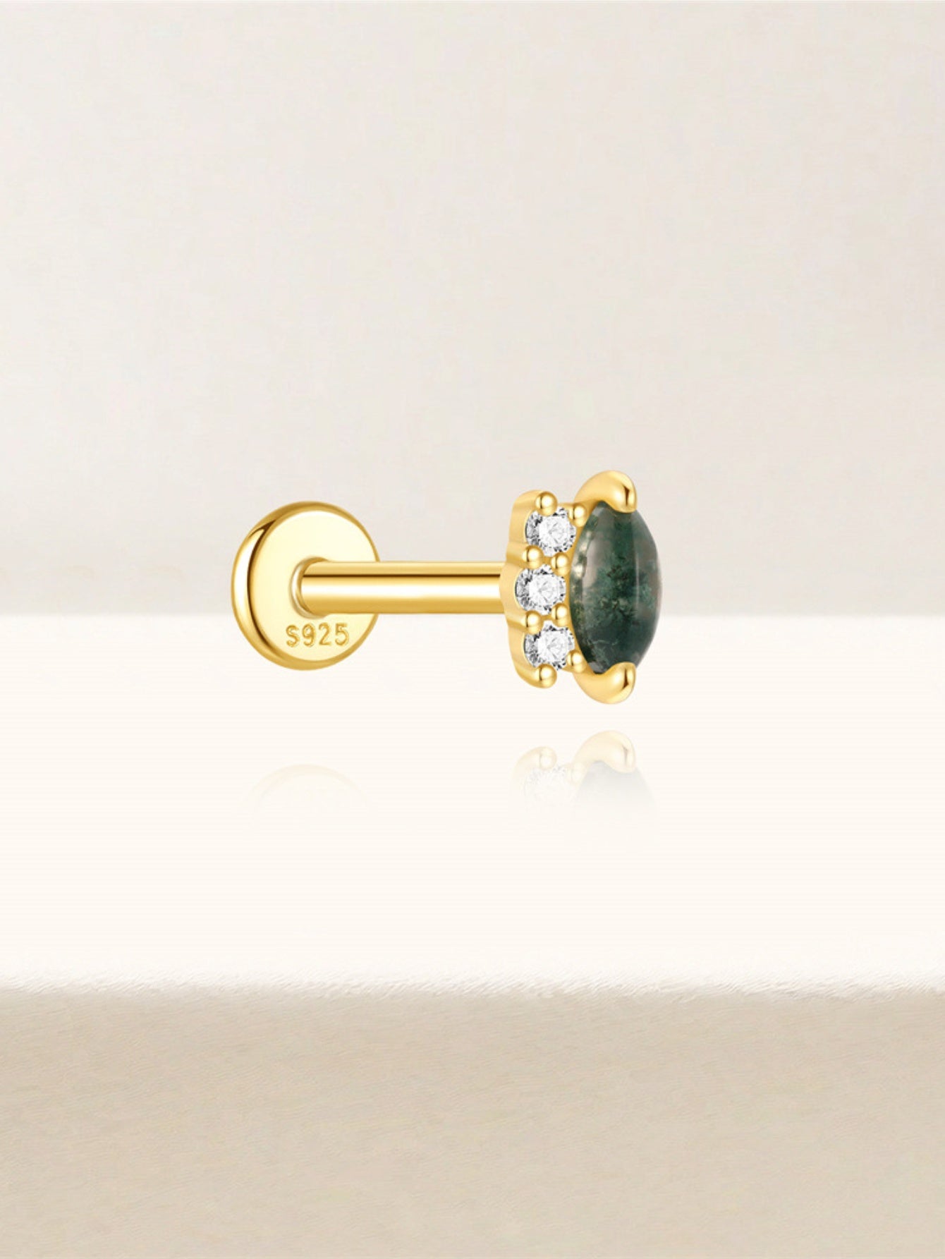925 Natural Moss Agate & CZ Side-Row Flat Back Stud