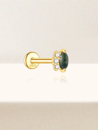 925 Natural Moss Agate & CZ Side-Row Flat Back Stud