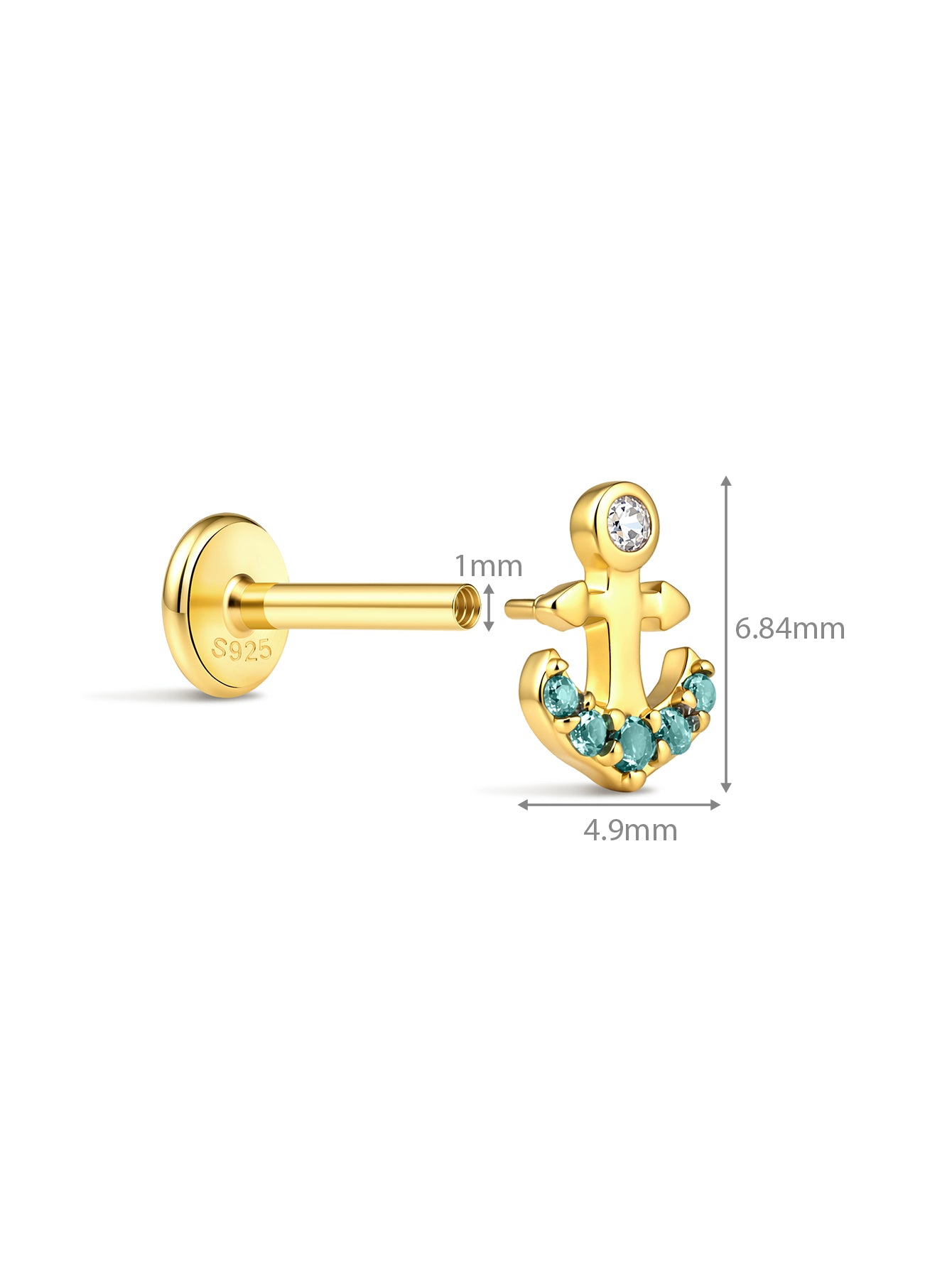925 Sterling Silver Anchor Flat Back Stud Earring