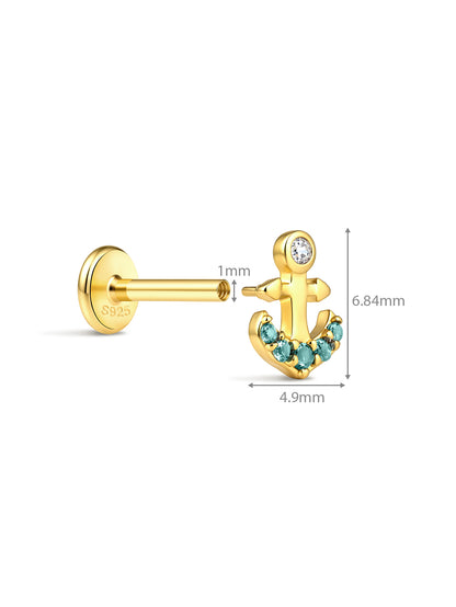 925 Sterling Silver Anchor Flat Back Stud Earring