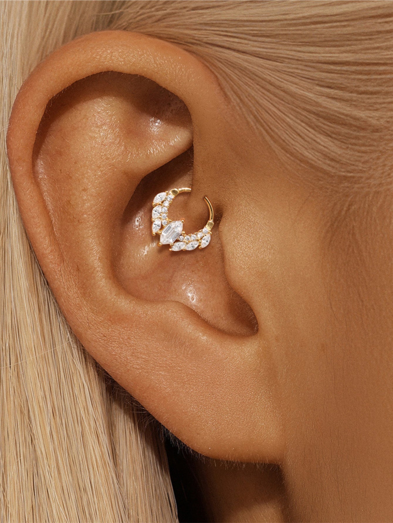 925 Sterling Silver Baguette CZ Tiara Clicker Ring for Daith & Septum