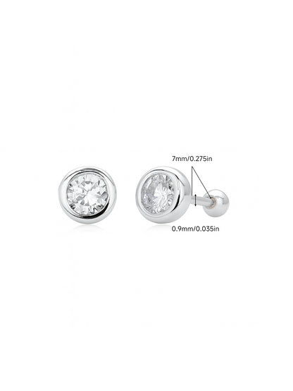 925 Sterling Silver Bezel CZ Ball Back Stud Earrings In Silver