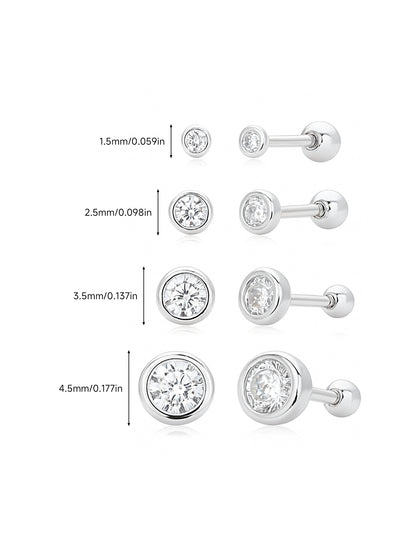 925 Sterling Silver Bezel CZ Ball Back Stud Earrings In Silver