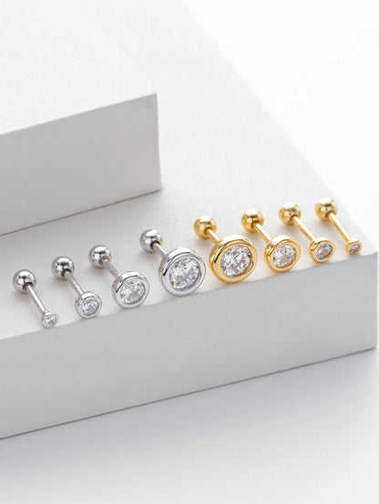 925 Sterling Silver Bezel CZ Ball Back Stud Earrings In Silver