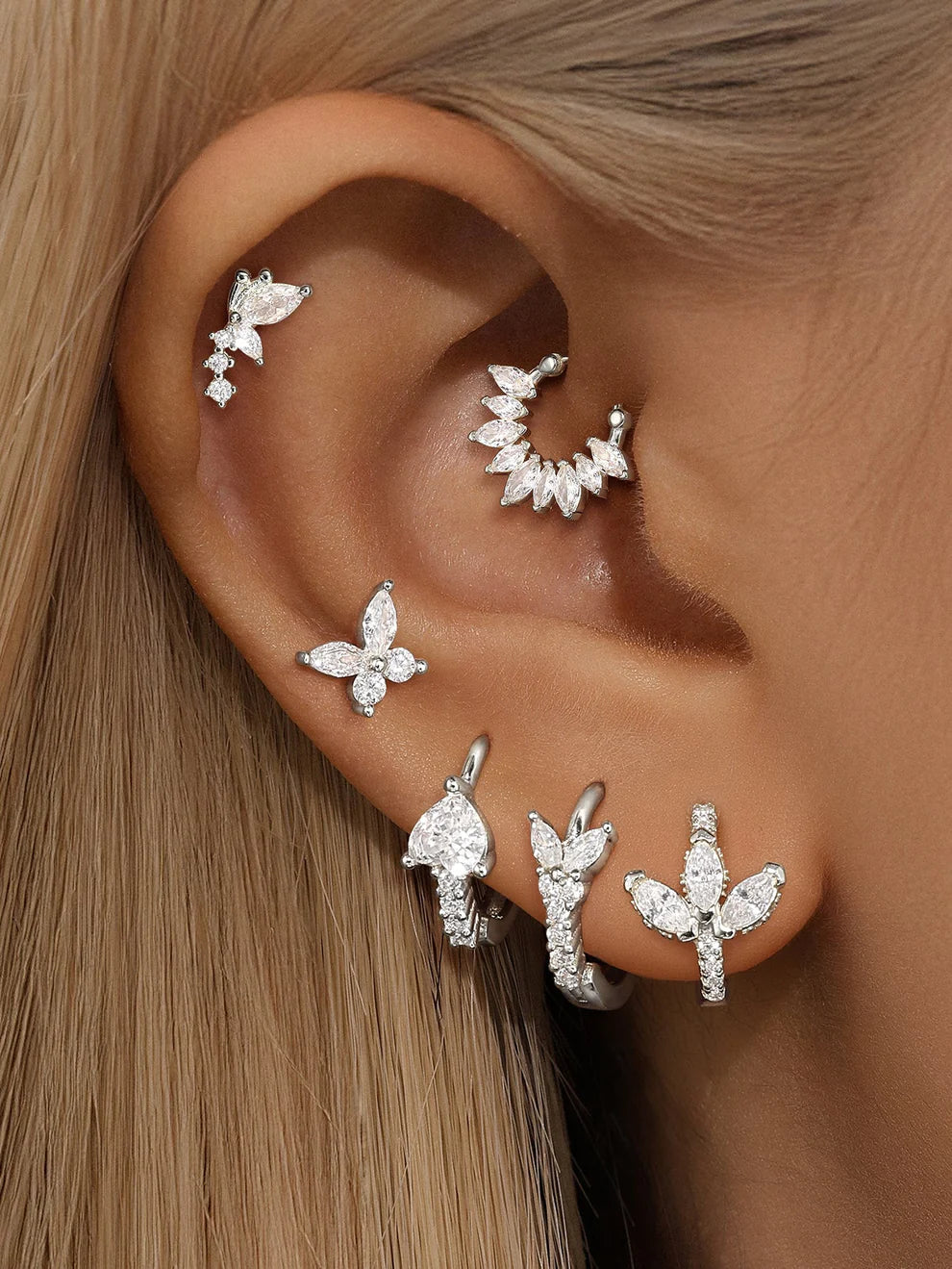 925 Sterling Silver Butterfly Flower Earring Set