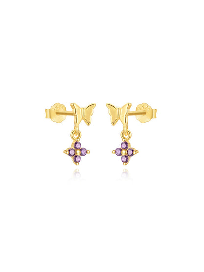 925 Sterling Silver Butterfly & Purple Flower Drop Earrings