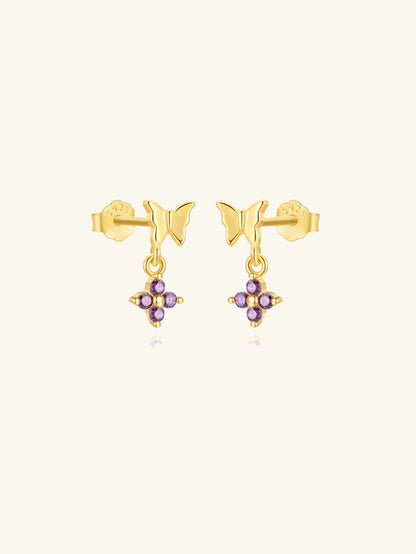 925 Sterling Silver Butterfly & Purple Flower Drop Earrings