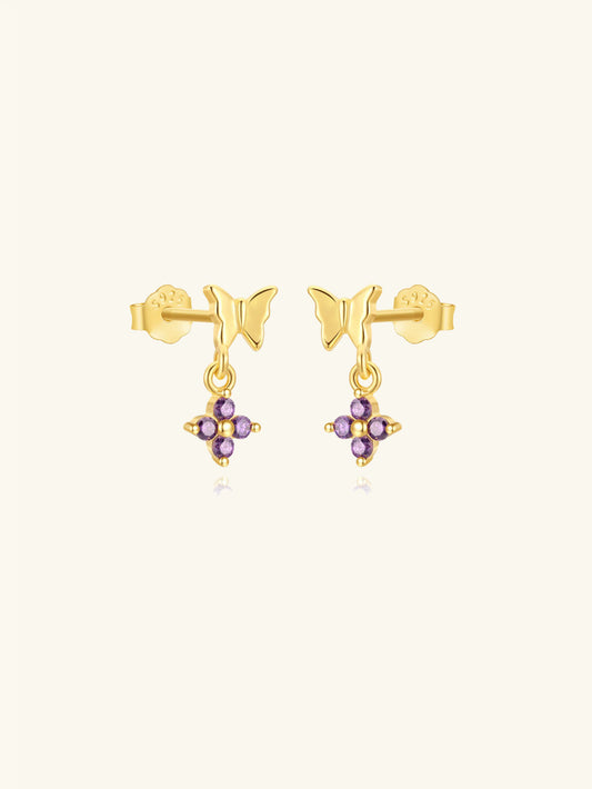 925 Sterling Silver Butterfly & Purple Flower Drop Earrings