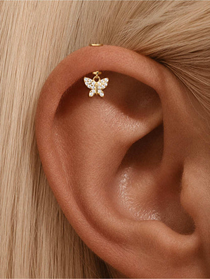 925 Sterling Silver CZ Butterfly Two-Way Wearable Vertical Helix Earring
