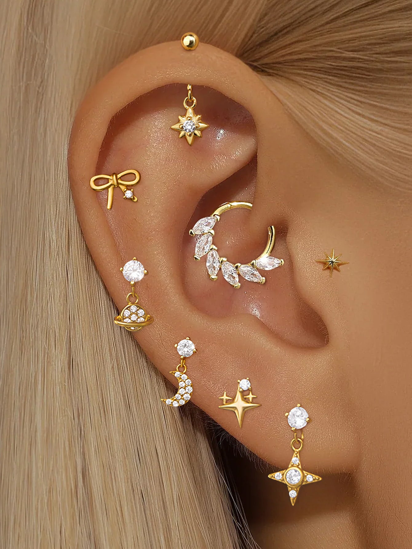 925 Sterling Silver CZ Celestial Piercing Earrings Ear Stack