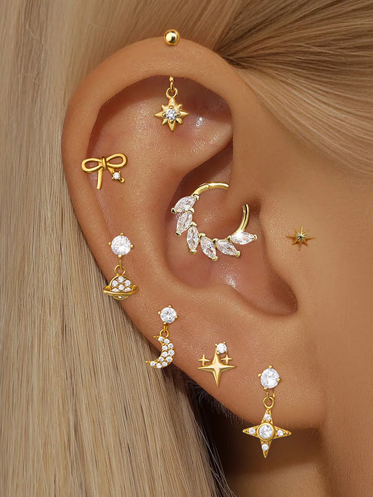 925 Sterling Silver CZ Celestial Piercing Earrings Ear Stack