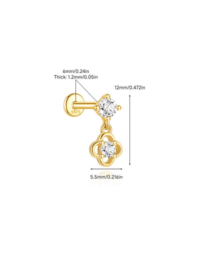 925 Sterling Silver CZ Clover Dangle Flat Back Piercing Stud