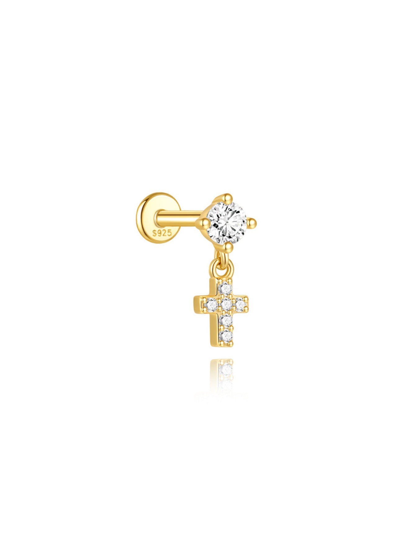 925 Sterling Silver CZ Cross Dangle Flat Back Stud