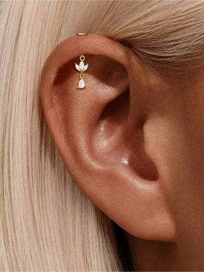 925 Sterling Silver CZ Floral Drop Two-Way Wearable Vertical Helix Earring