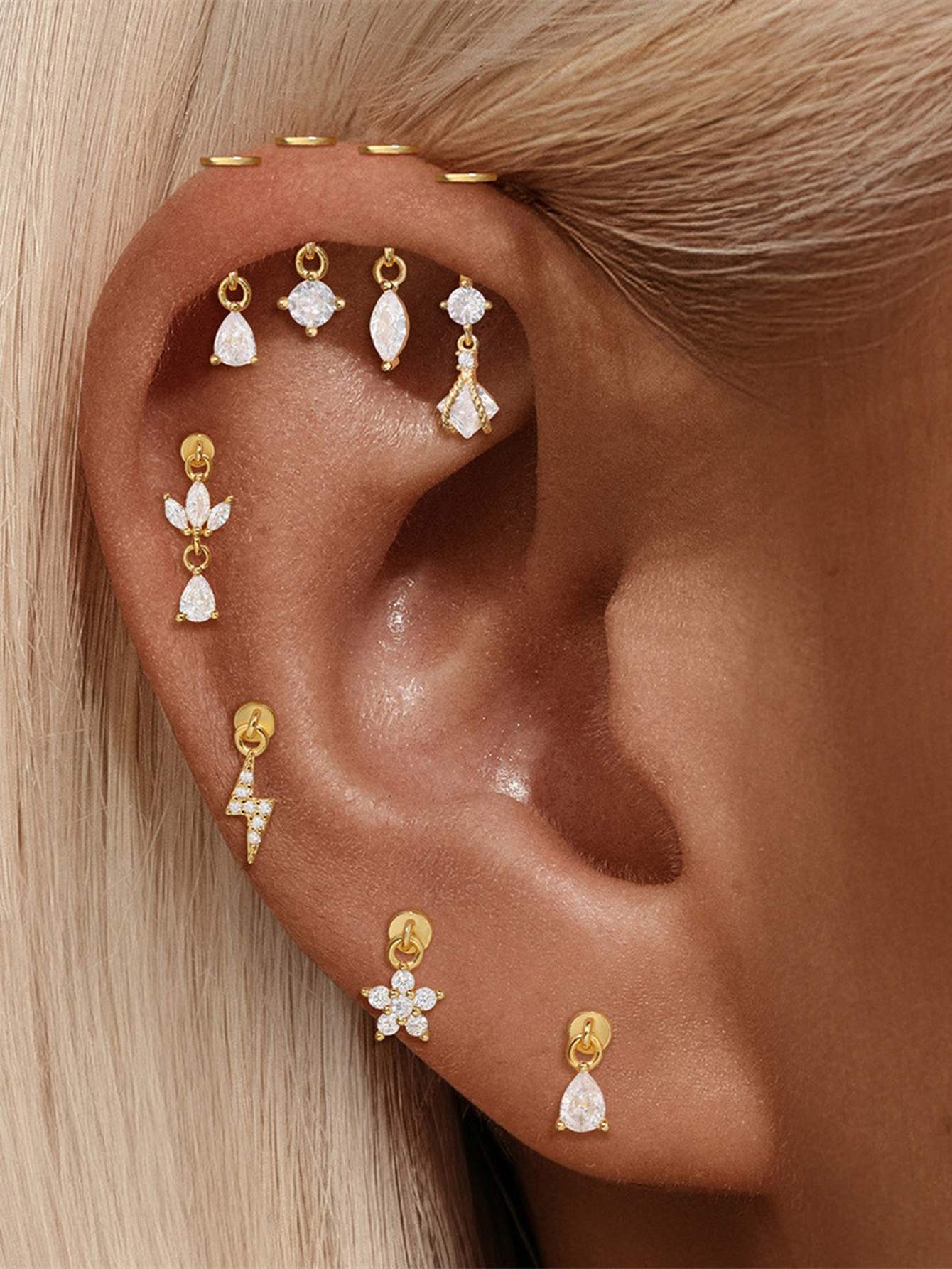 925 Sterling Silver CZ Flower Two-Way Wearable Vertical Helix Earring