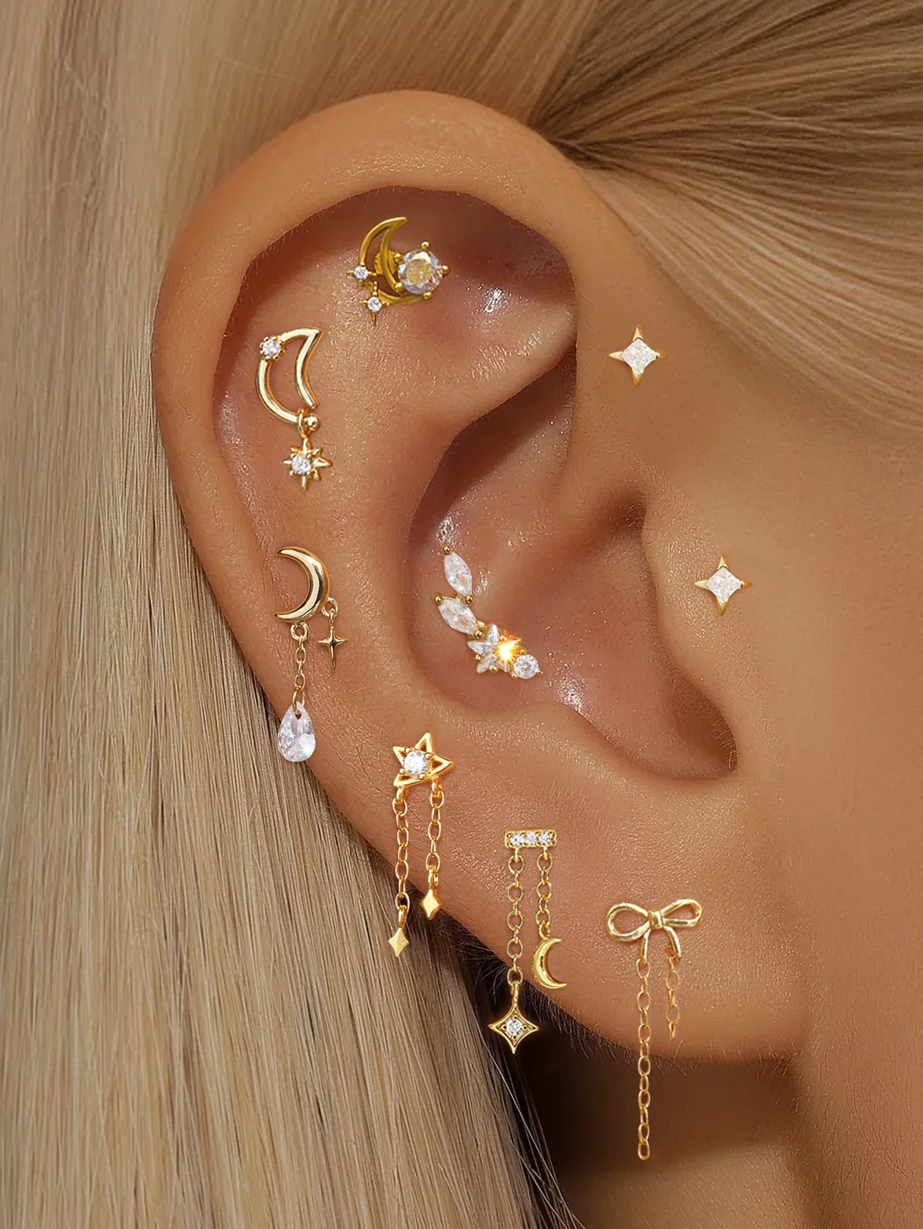 925 Sterling Silver CZ  Star & Moon Piercing Ear Stack