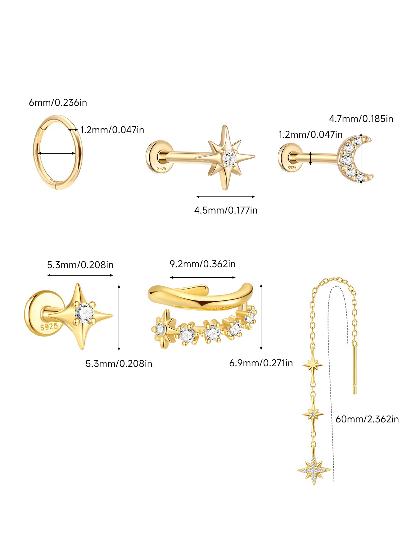 925 Sterling Silver Celestial Star & Moon Ear Piercing Ear Stack