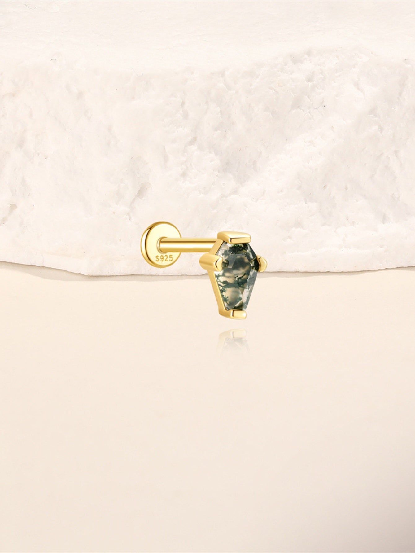 925 Sterling Silver Coffin Moss Agate Flat Back Stud