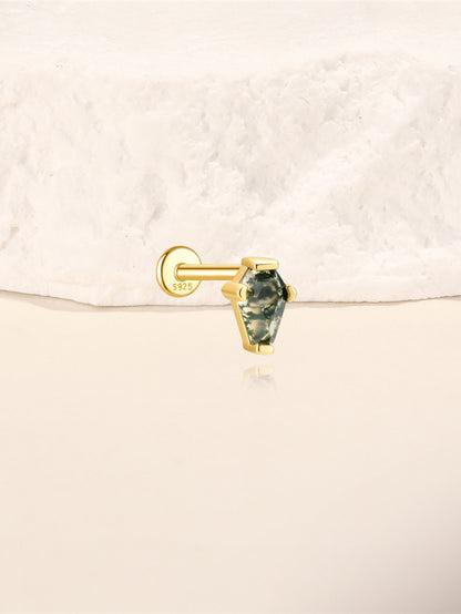 925 Sterling Silver Coffin Moss Agate Flat Back Stud