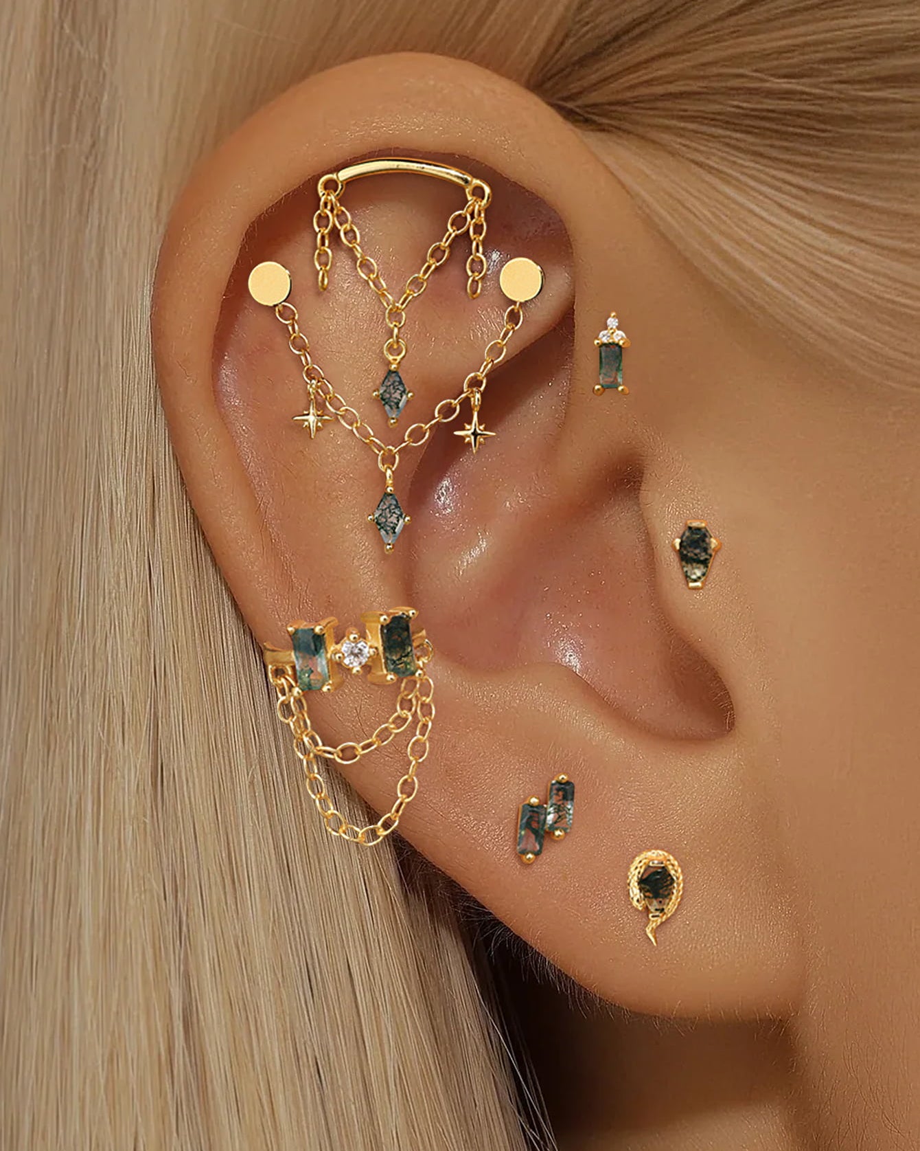 925 Sterling Silver Moss Agate Baguette Flatback Stud