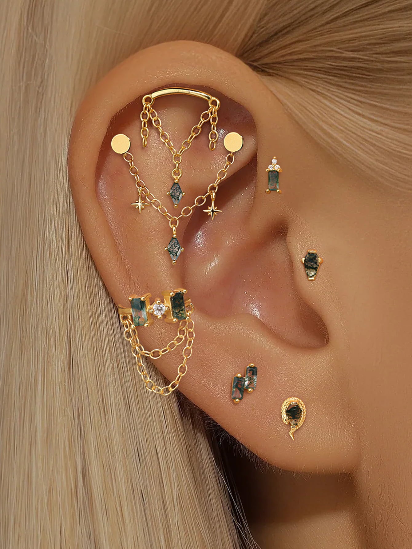 925 Sterling Silver Moss Agate Baguette Flatback Stud