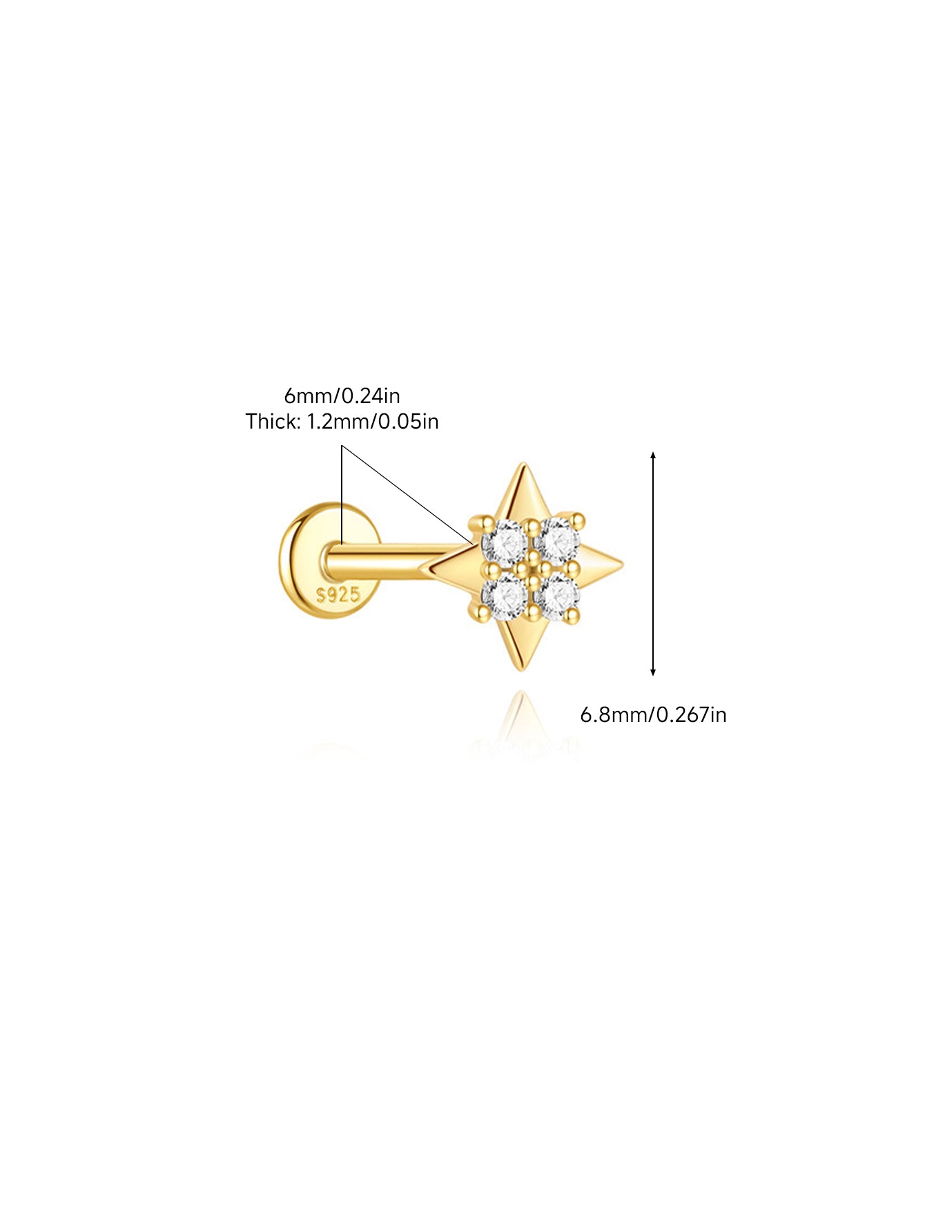 925 Sterling Silver Compass Star Flat Back Stud Earring