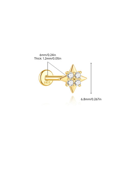 925 Sterling Silver Compass Star Flat Back Stud Earring
