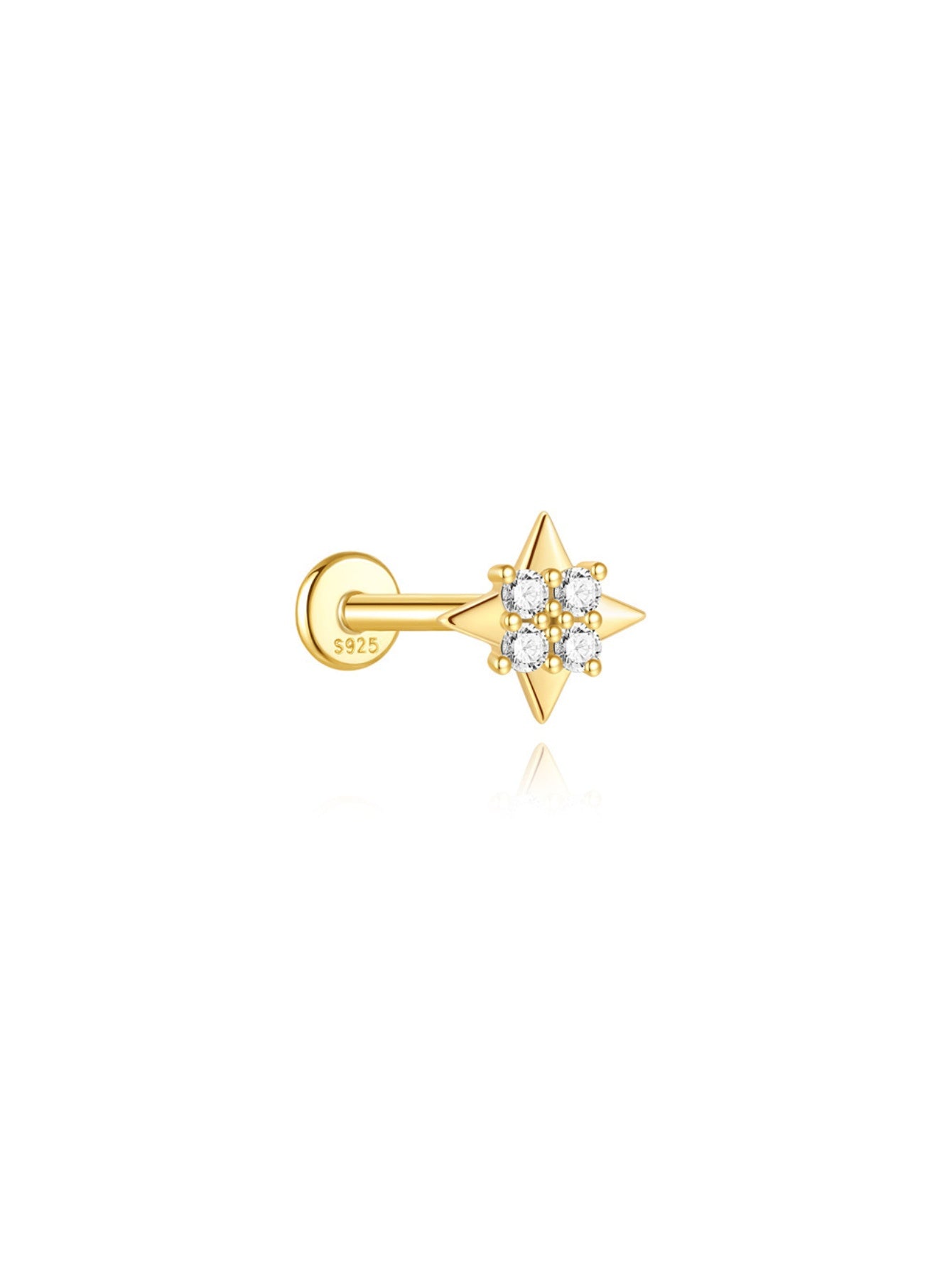 925 Sterling Silver Compass Star Flat Back Stud Earring