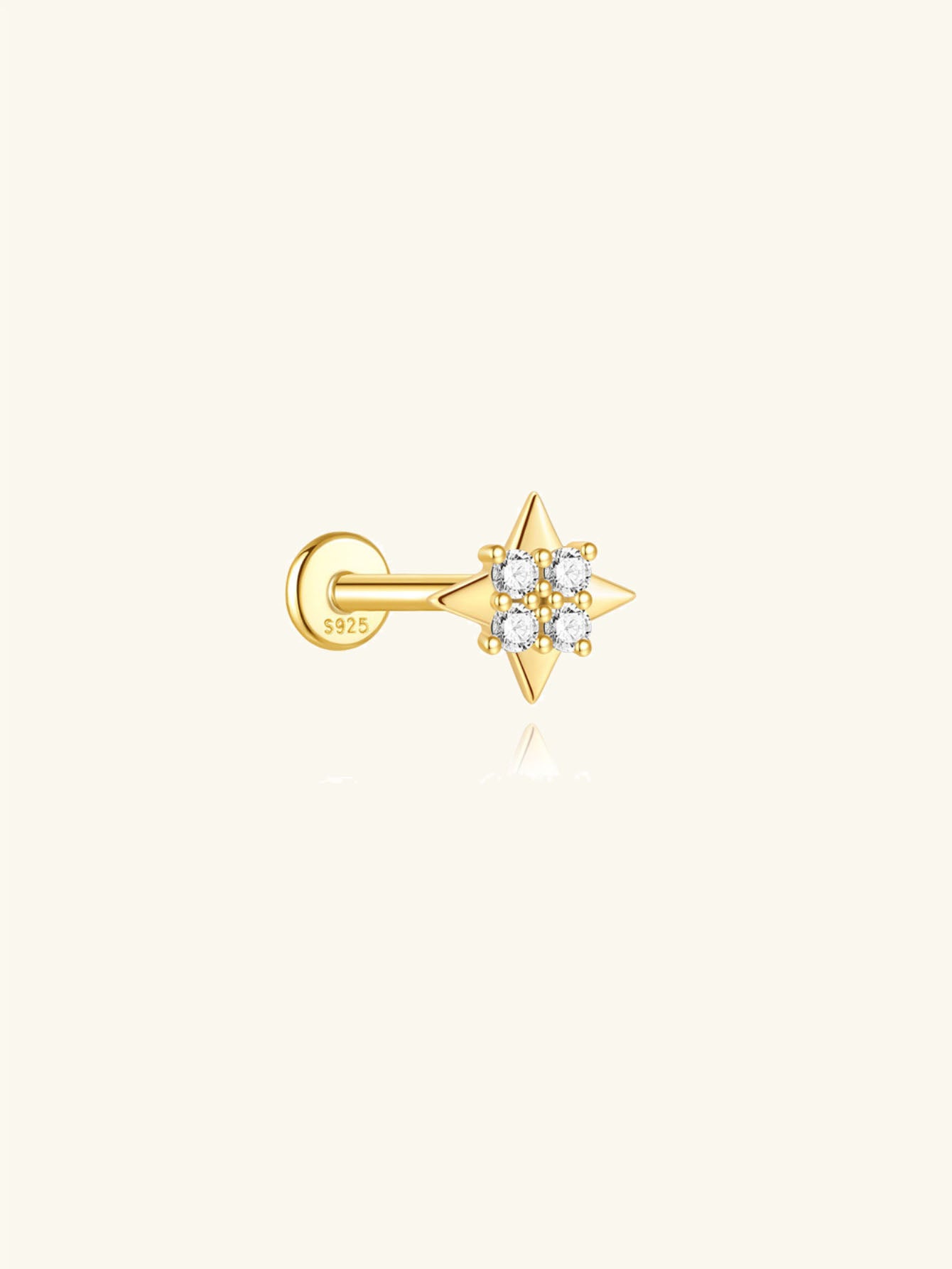 925 Sterling Silver Compass Star Flat Back Stud Earring