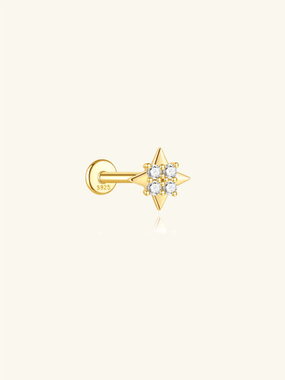 925 Sterling Silver Compass Star Flat Back Stud Earring