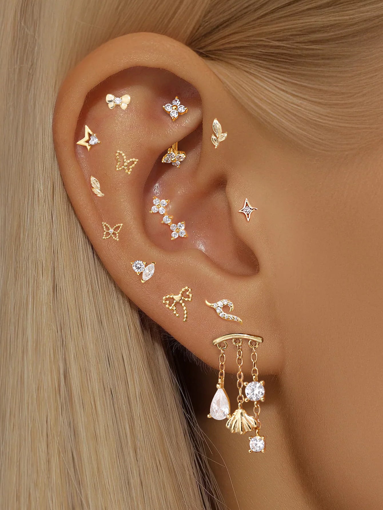 925 Sterling Silver Dainty CZ Butterfly Star Ear Stack