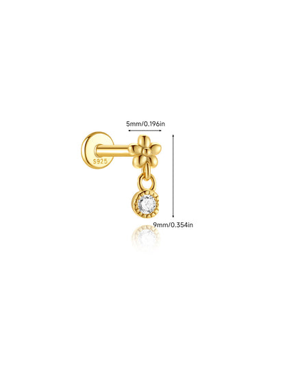 925 Sterling Silver  Dainty Flower & Sparkling CZ Dangle Labret