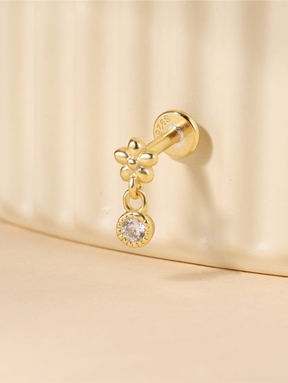 925 Sterling Silver  Dainty Flower & Sparkling CZ Dangle Labret