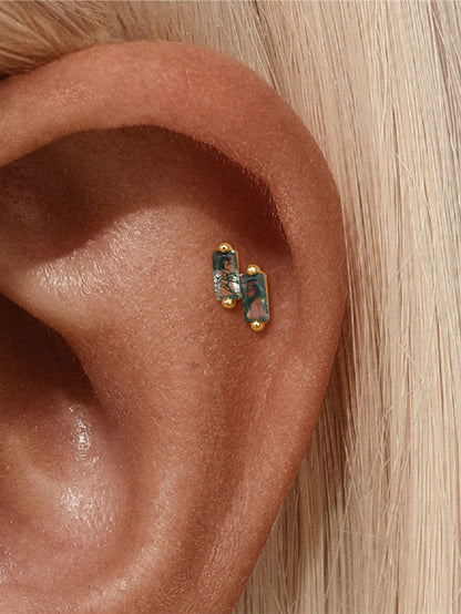 925 Sterling Silver Double Baguette Moss Agate Flatback Stud