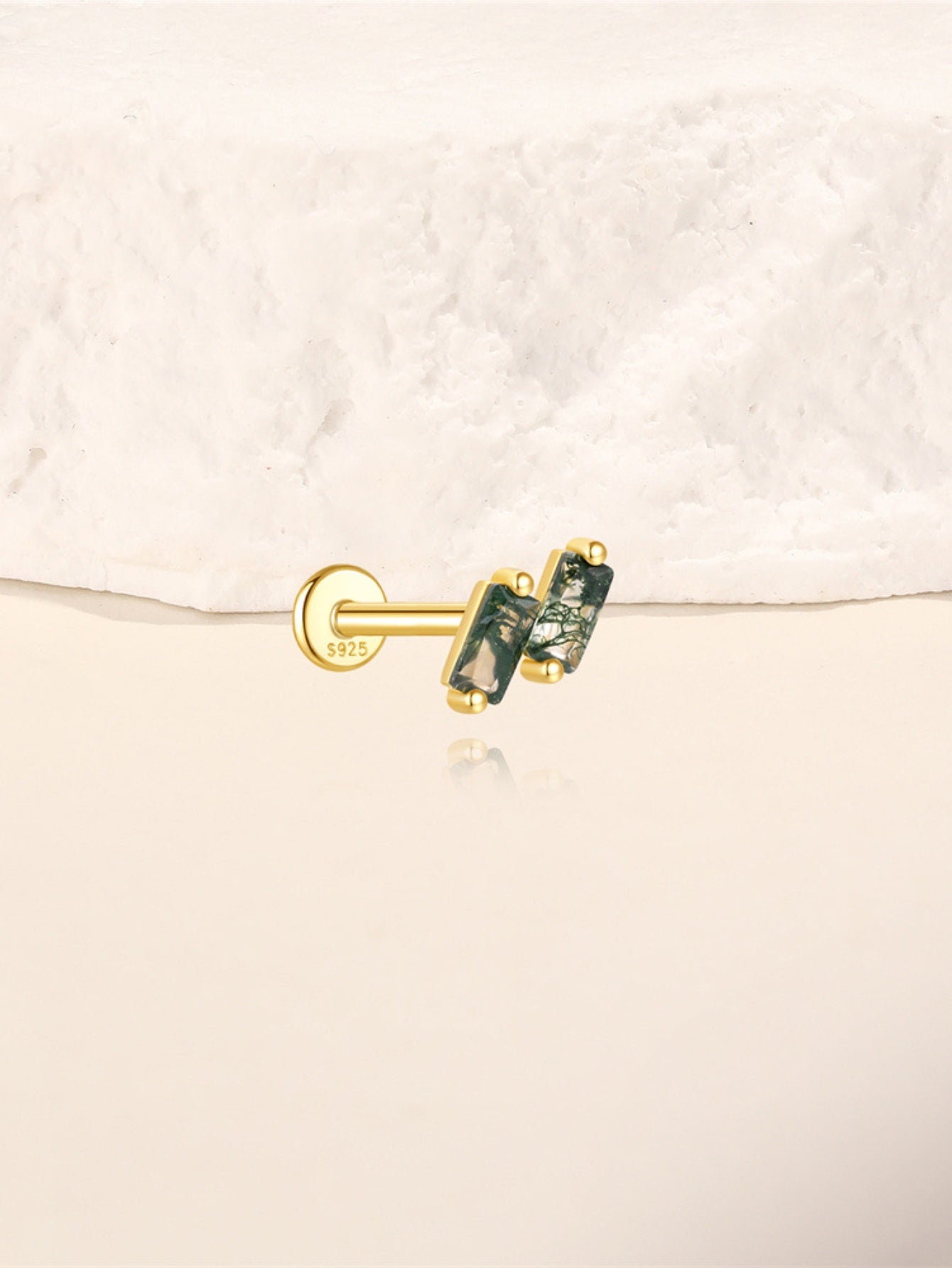 925 Sterling Silver Double Baguette Moss Agate Flatback Stud