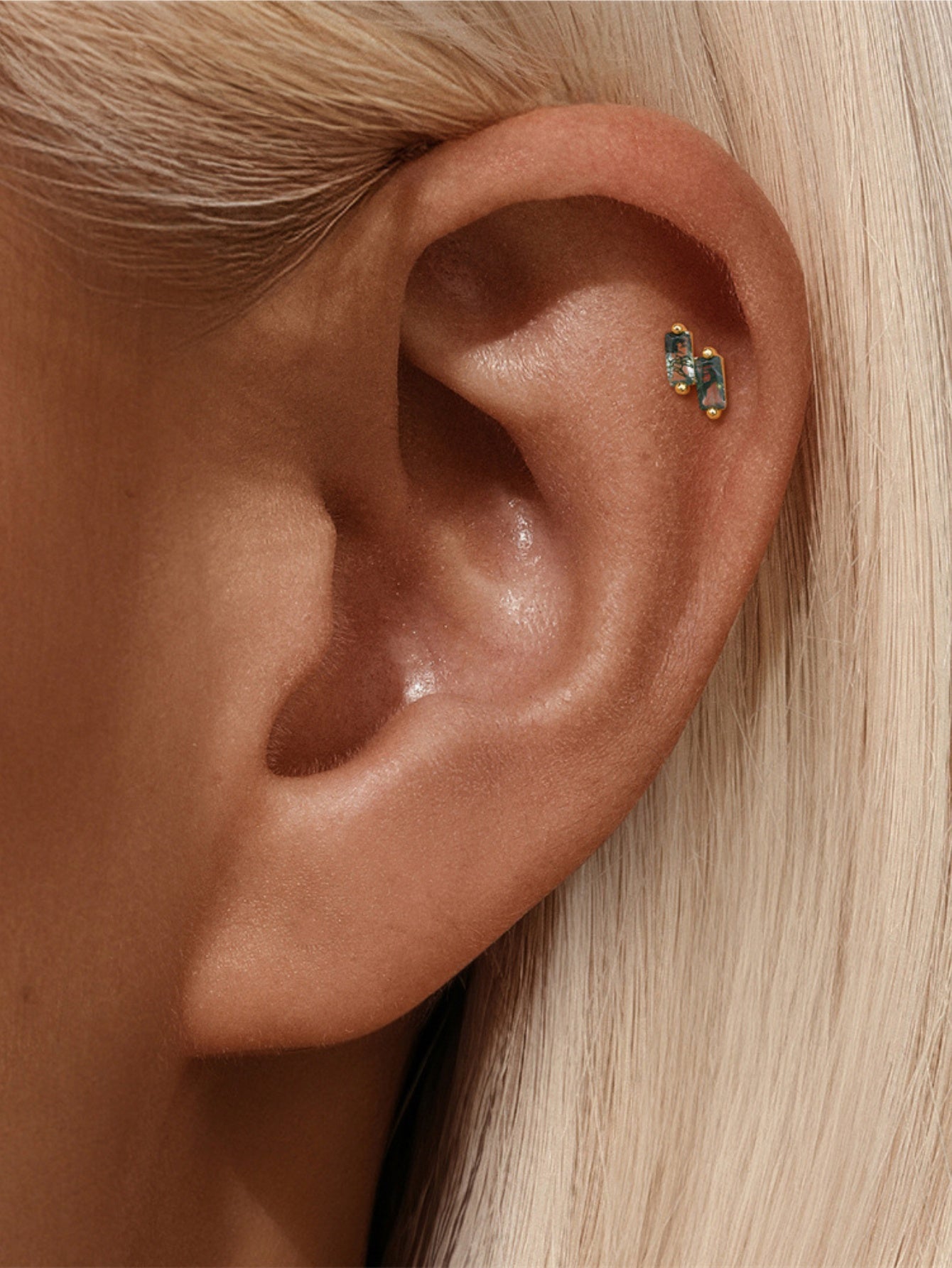 925 Sterling Silver Double Baguette Moss Agate Flatback Stud