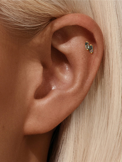 925 Sterling Silver Double Baguette Moss Agate Flatback Stud