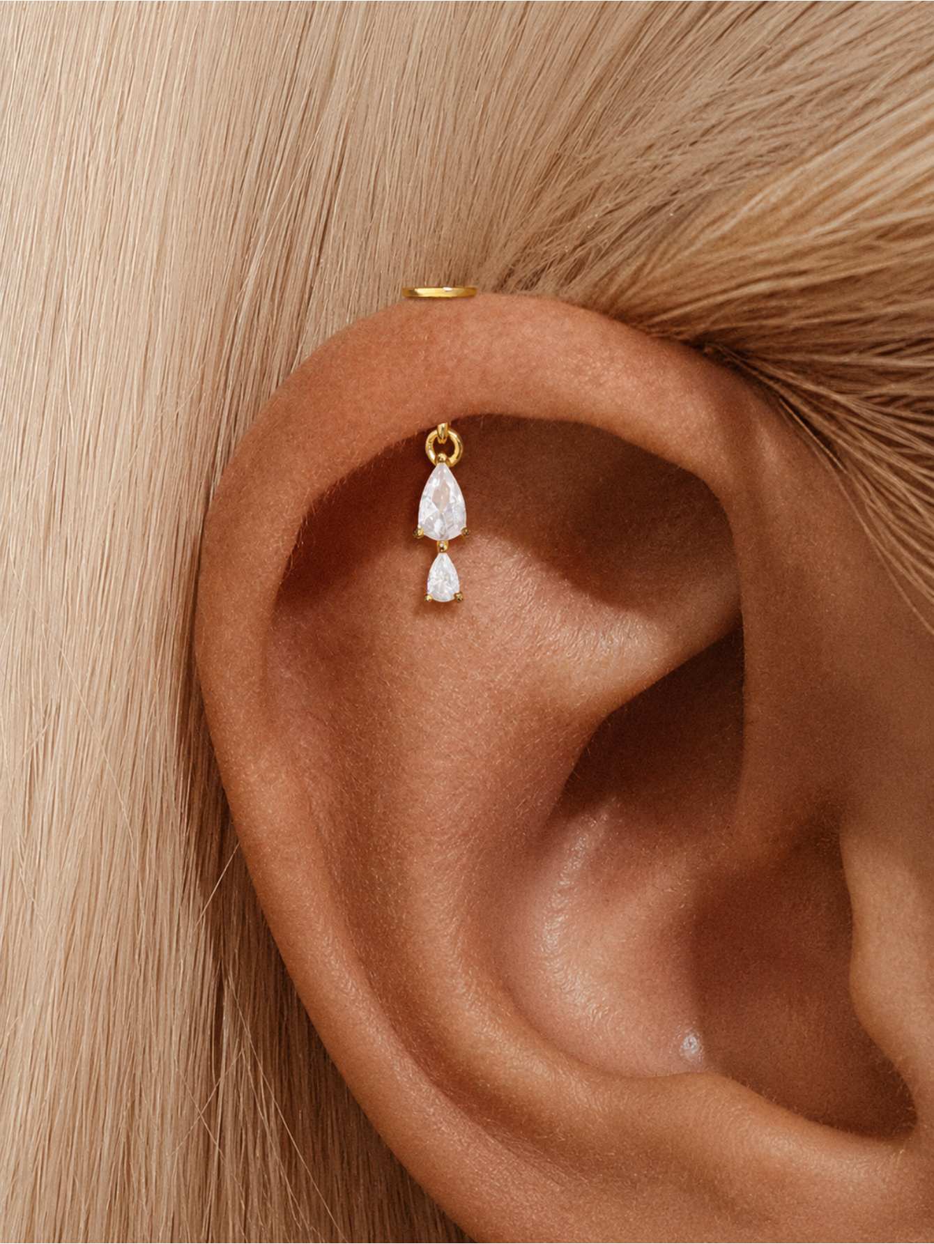 925 Sterling Silver Double CZ Drop Two-Way Wearable Vertical Helix Earring