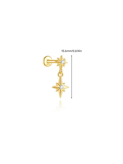 925 Sterling Silver Double Star Dangle Flat Back Stud Earring